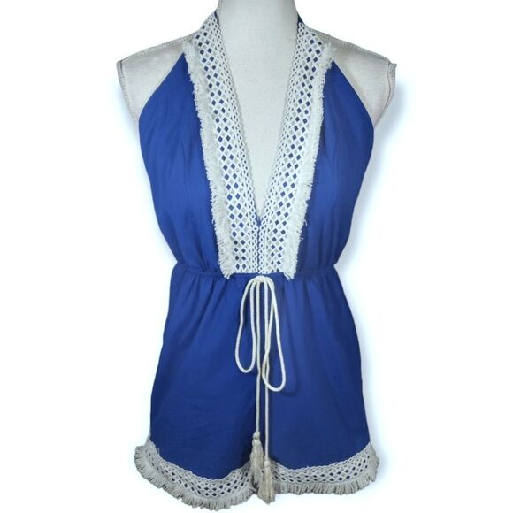 DEPRI ROYAL BLUE PLUNGE NECK ROMPER W/WHITE LACE SZ.M EUC - Picture 1 of 5